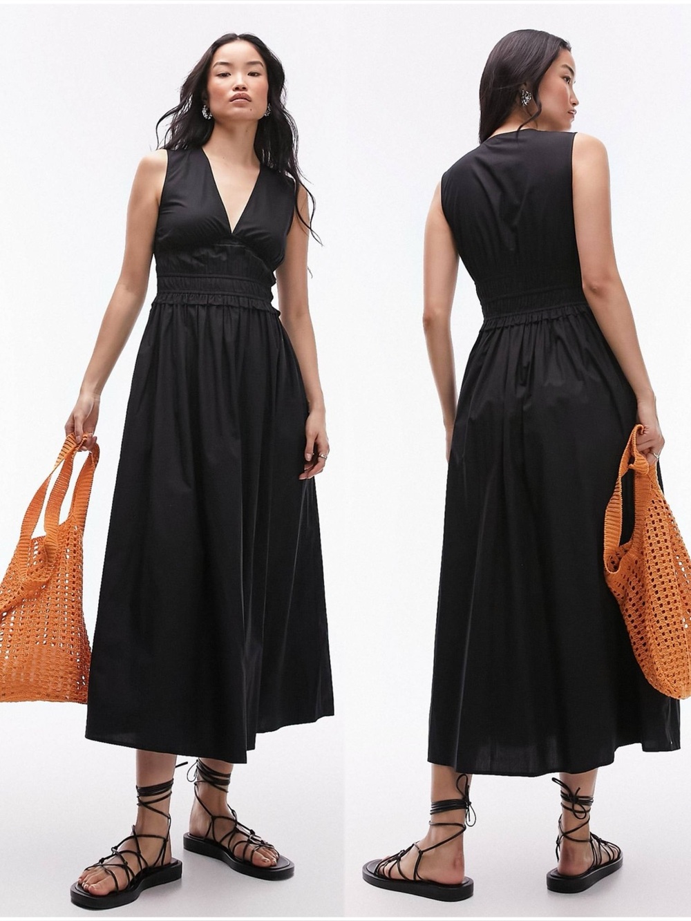 TOPSHOP Poplin Sleeveless V-neck Midi Dress in Black